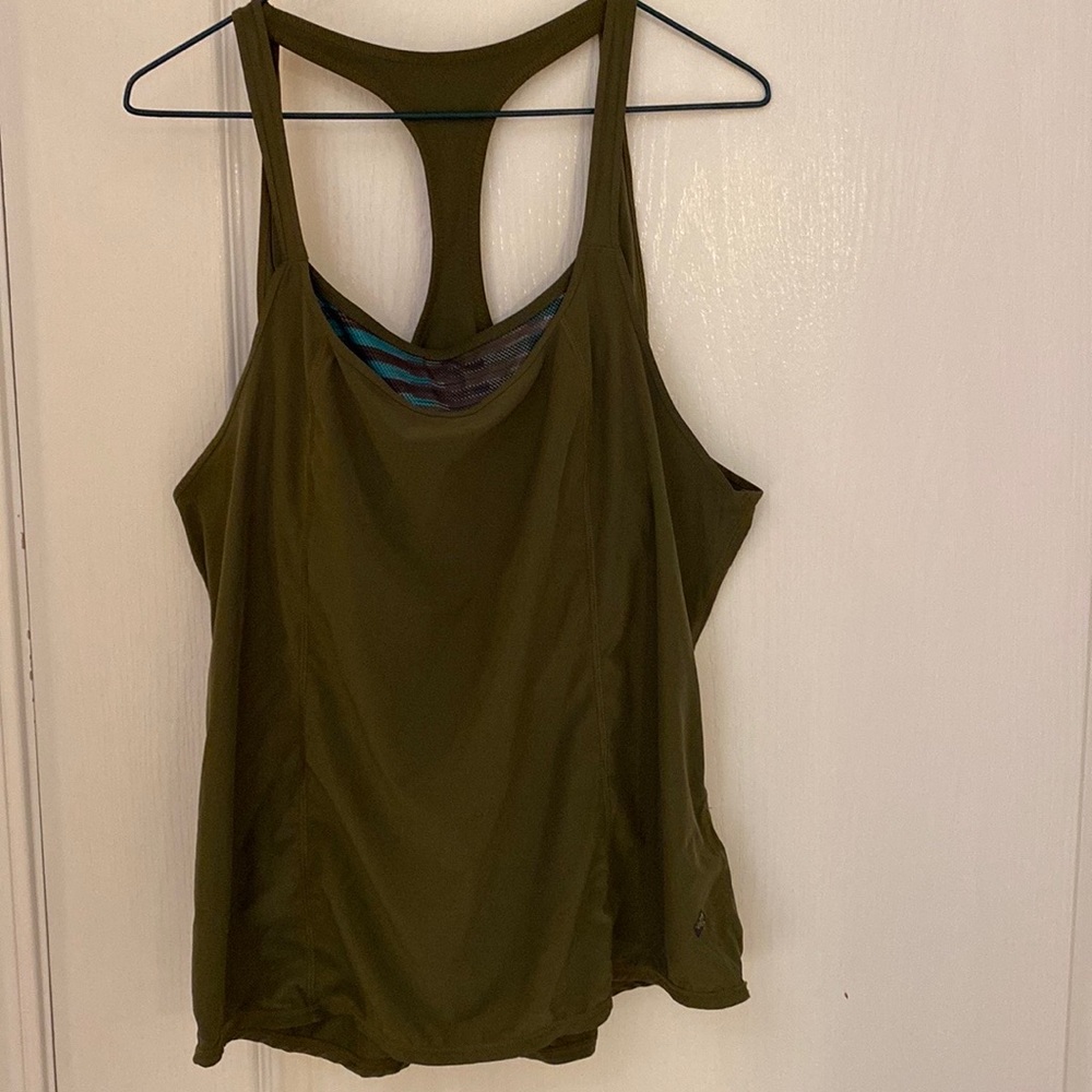 Large loose fitting olive Prana tank. Attached bra.